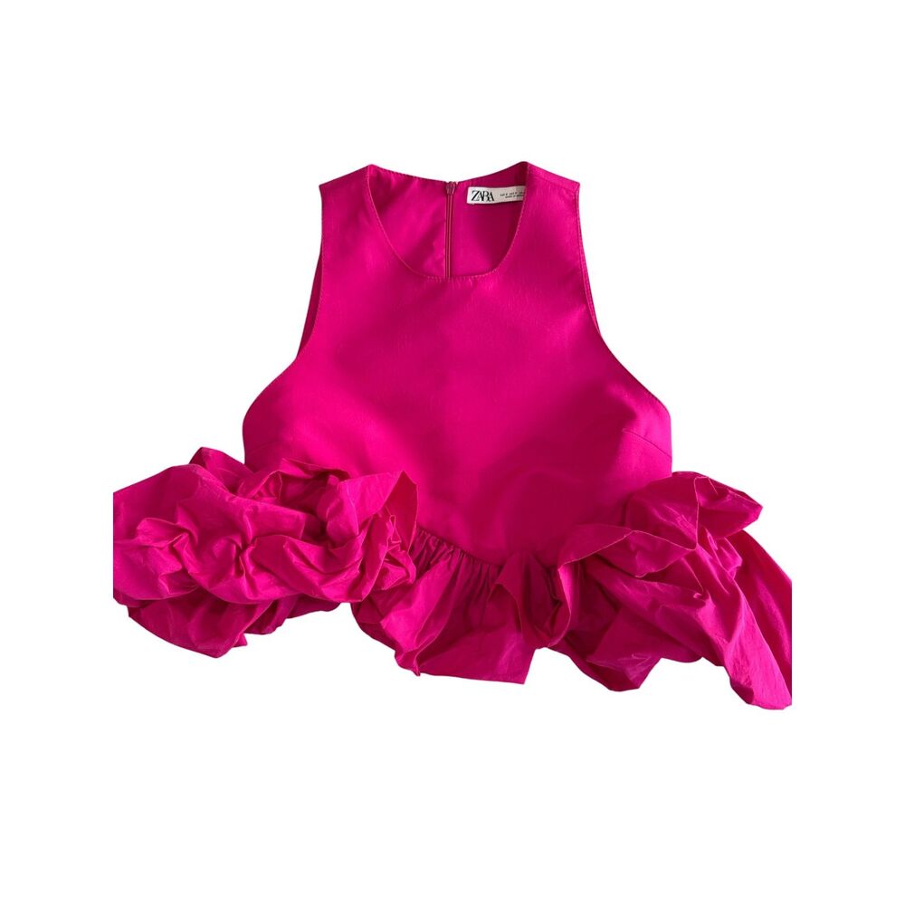 Zara Limited Edition Voluminous Ruffle Hem Crop Top Fuchsia Pink XS EUC - Picture 4 of 9